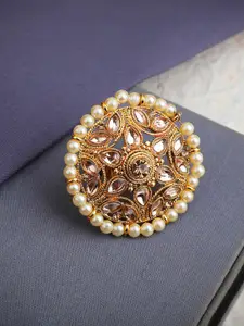 ANIKAS CREATION Gold-Plated White Stone Studded & Beaded Finger Ring