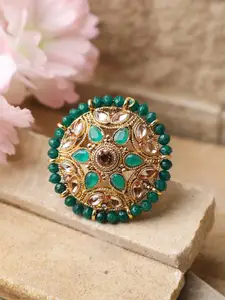 ANIKAS CREATION Gold-Plated White & Green Stone-Studded & Beaded Adjustable Finger Ring