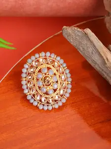 ANIKAS CREATION Gold-Plated Grey & White Stone Studded & Beaded Handcrafted Adjustable Finger Ring