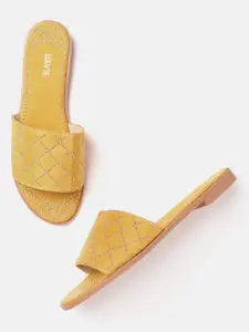 Lavie Women Mustard Yellow & Gold-Toned Embellished Open Toe Flats