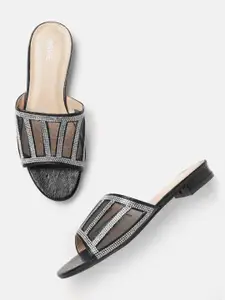 Lavie Women Black & Silver-Toned Embellished Open Toe Flats