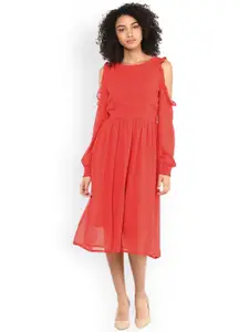 Harpa Women Coral Red Solid Fit & Flare Dress