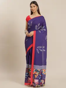 YELLOW PARROT Navy Blue & White Ethnic Motifs Print Saree with Blouse Piece