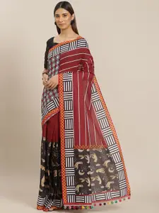 YELLOW PARROT Red & Black Geometric Print Saree with Blouse Piece