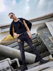 The Indian Garage Co Men Black Slim Fit Low Distress Light Fade Applique Stretchable Jeans