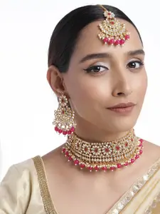 Peora Magenta & White Traditional Gold Plated Kundan Necklace Jewellery Set