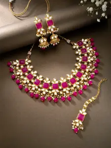 Peora Magenta & White Gold Plated Kundan Choker Necklace Set