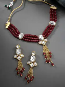 Peora Maroon & White Kundan Gold Plated Necklace with Earring Set