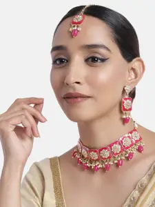 Peora Magenta Enamel Work Choker Necklace with Earring Maang Tikka Jewellery Set
