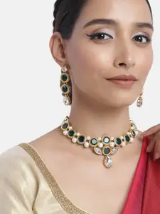 Peora Green & White Kundan Gold-Plated Choker Necklace Set
