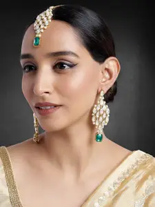 Peora Green & White Crystal & Pearl Gold-Plated Earrings with Maang Tika Set