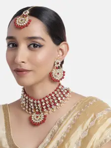 Peora Red Gold Plated Kundan Studded Choker Necklace Earring Traditional Jewellery Set