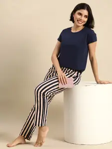 Dreamz by Pantaloons Dreamz by Pantaloons Women Navy Blue & Peach-Coloured Printed Pure Cotton Night suit