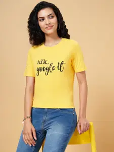 People Women Yellow Typography Printed Cotton T-shirt