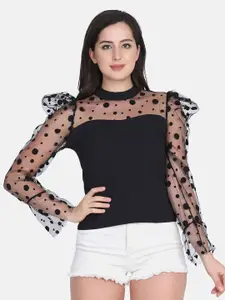 BUY NEW TREND Black Net Puff Sleeves Knitted Top
