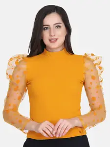 BUY NEW TREND Yellow Net Puff Sleeves Knitted Top