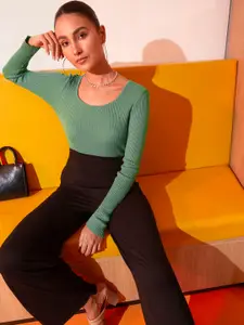 Chemistry Women Green Ribbed Square Neck Pullover
