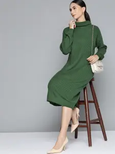 Chemistry Olive Green Ribbed Turtle Neck Midi Sweater Dress