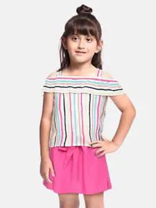 HERE&NOW Girls White & Pink Striped Top with Skirt