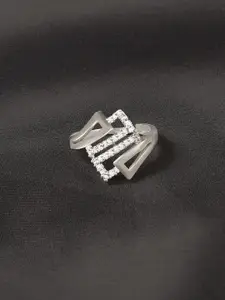 ZINU Rhodium-Plating Silver-Toned  White CZ Studded Adjustable Finger Ring