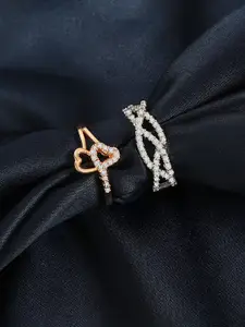 ZINU Set Of 2 Rose Gold-Plated & White CZ-Studded Finger Ring