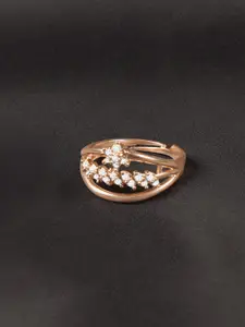 ZINU Rose Gold-Plated White Cubic Zirconia Studded Adjustable Finger Ring