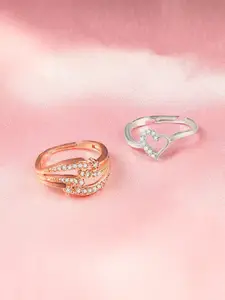 ZINU Set Of 2 Rosegold-Plated & Silver-Plated CZ-Studded Adujstable Finger Rings