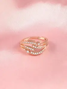 ZINU Women Rose Gold-Plated White CZ-Studded Adjustable Finger Ring
