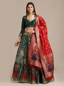 Warthy Ent Green & Red Semi-Stitched Lehenga & Unstitched Blouse With Dupatta