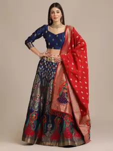 Warthy Ent Blue & Red Semi-Stitched Lehenga & Unstitched Blouse With Dupatta