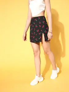 Berrylush Women Black & Red Cherry Print Front Slit Mini Skirt