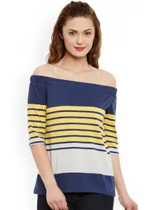 Miss Chase Yellow & Blue Striped Bardot Pure Cotton Top