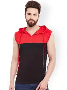 GRITSTONES Men Black & Red Colourblocked Hooded T-shirt