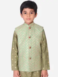 NAMASKAR Boys Green & Gold-Colored Printed Woven Nehru Jacket