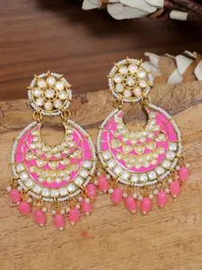 Crunchy Fashion Gold-Plated Pink & White Meenakari Kundan Chandbalis Earrings
