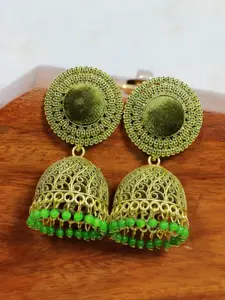 Crunchy Fashion Gold-Plated Green Velvet Enamelled Jhumkas Earrings