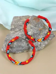 Crunchy Fashion Gold-Plated Red & Blue Circular Beaded Hoop Earrings