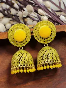 Crunchy Fashion Gold-Plated Yellow Dome Shaped Velvet Enamelled Jhumkas Earrings