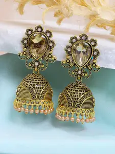 Crunchy Fashion Gold-Plated Brown Dome Shaped Pearl Antique Jhumkas Earrings