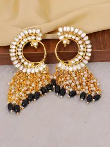 Crunchy Fashion Gold-Plated Black & White Kundan Drop Earrings