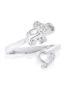 Mahi Rhodium-Plated Silver-Toned White Crystal Heart Shaped Adjustable Finger Ring
