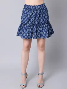TAG 7 Women Blue Printed Above Knee Cotton Tiered Skirts