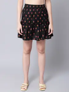 TAG 7 Women Black Floral Cotton Flared Skirt