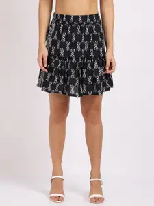 TAG 7 Women Black Block Printed Above Knee Cotton Tiered Skirts