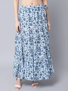 TAG 7 Women White & Blue Printed Cotton Tiered Maxi Skirt