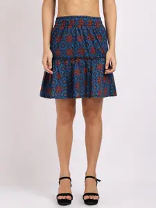 TAG 7 Blue Printed Above Knee Length Pure Cotton Tiered Skirts