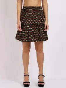 TAG 7 Women Black Polka Dot Printed Above Knee Cotton Tiered Skirts