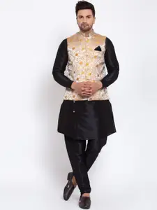 KLOTTHE Men Black Cotton Silk Kurta with Churidar & Nehru Jacket