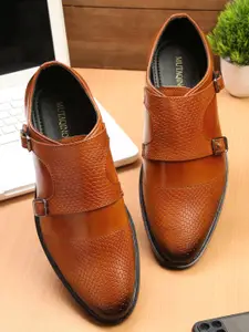MUTAQINOTI Men Tan Textured Patent Leather Formal Monk Shoes