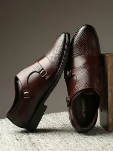 MUTAQINOTI Men Burgundy Textured Patent Leather Formal Monk Shoes